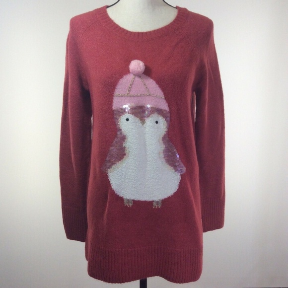 LC LAUREN CONRAD Burnt Red Sequin Penguin Holiday Sweater X-Large NEW - Picture 3 of 11